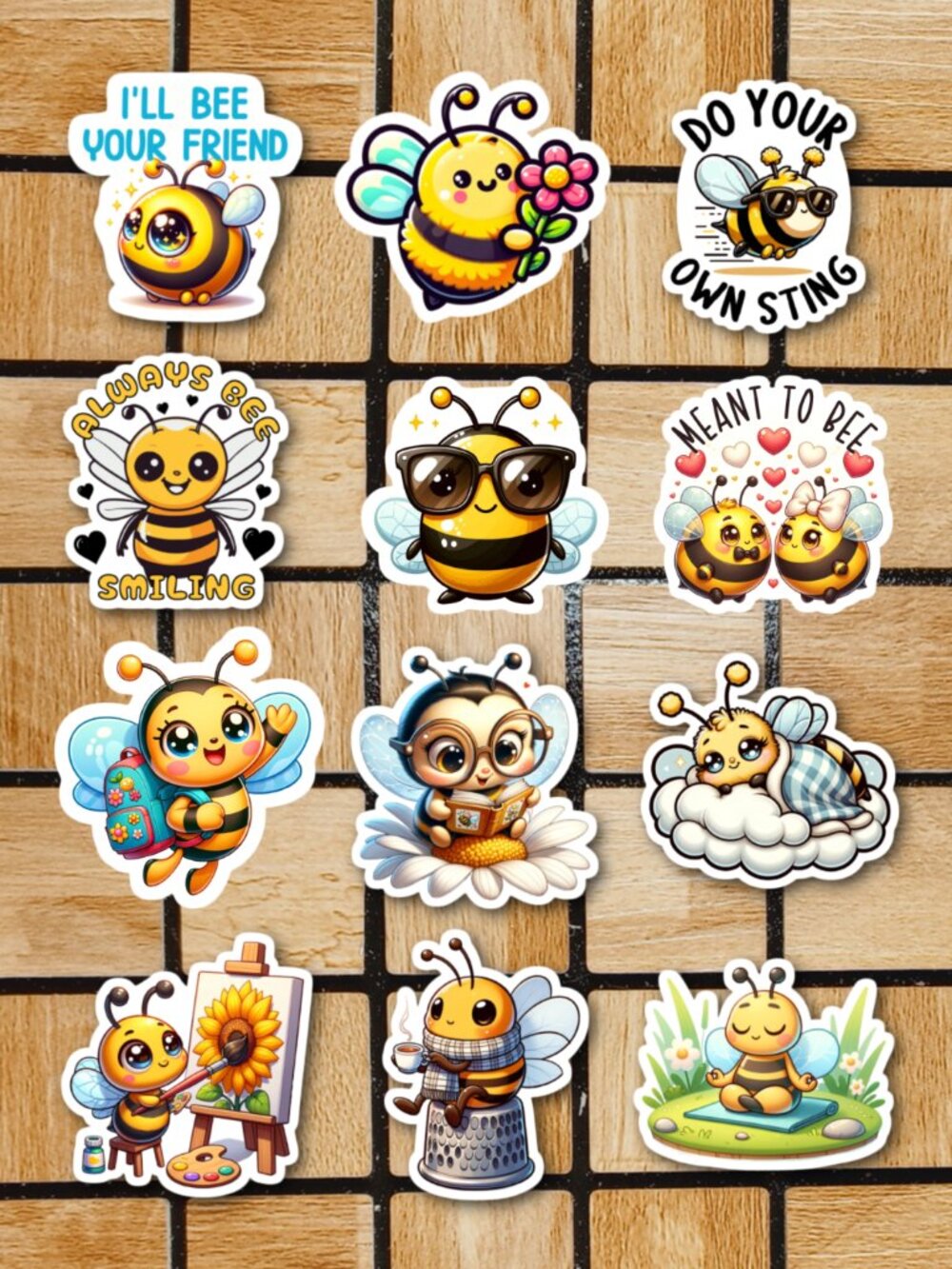 Cute Bee Sticker Pack of 12 Vinyl Stickers Waterproof Die Cut Sticker Set